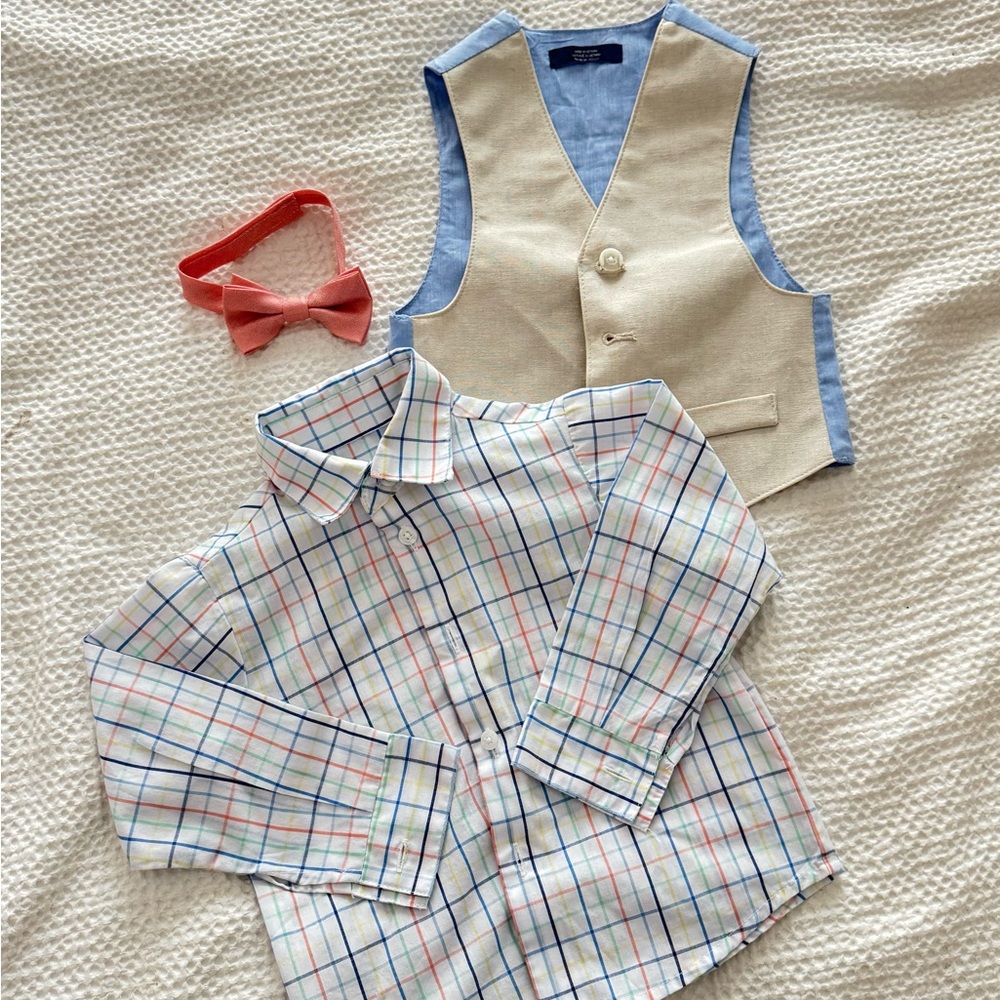 Plaid Shirt and Vest Set with Bow Tie 2T